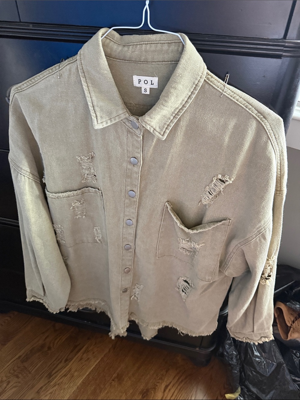 POL Olive Green Distressed Utility Shirt Jacket